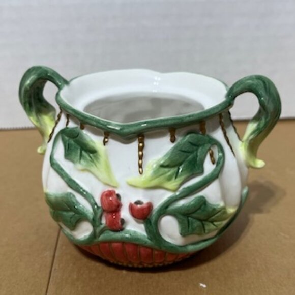 Fitz and Floyd "Santa's Flight" Creamer & Sugar Bowl W/Lid Holly & Berries - Picture 7 of 14